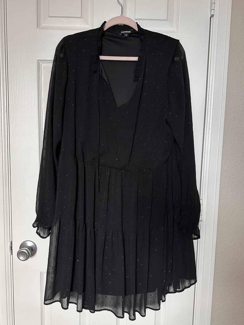 Express Black Long-Sleeve V-Neck Tiered Mini Dress with Dot Texture